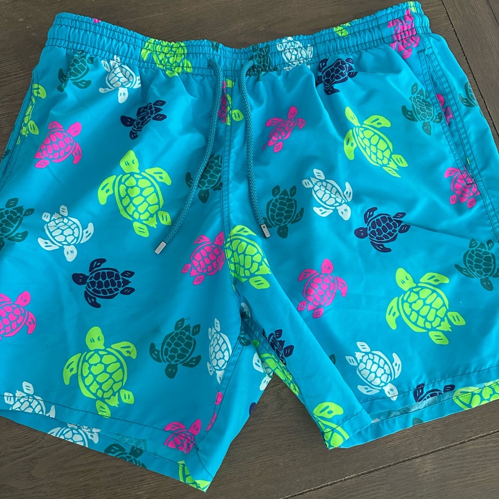 Vilebrequin Men's Swim Trunks - Blue with Multicolor Turtle Print